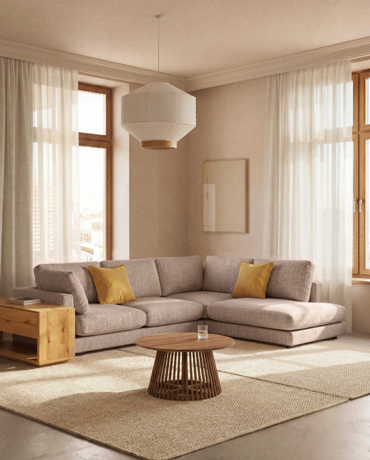 Gala 5-seater corner sofa with end module right side in beige micro bouclé FSC Mix Credit 300 x 225cm