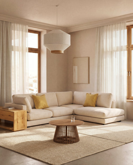 Gala 5-seater corner sofa with end module right side in beige chenille FSC Mix Credit 300 x 225cm