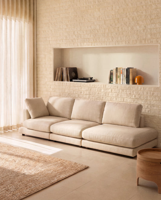 Canapé modulable Gala 4 places avec pouf terminal droit en micro-bouclette beige 315 cm – FSC Mix Credit