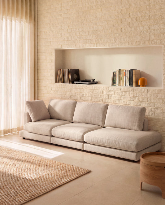 Canapé modulable Gala 4 places avec pouf terminal droit en chenille beige 315 cm – FSC Mix Credit