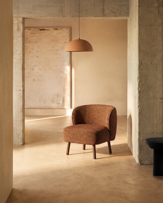 Ulit armchair in terracotta chenille with solid ash wood legs with walnut finish