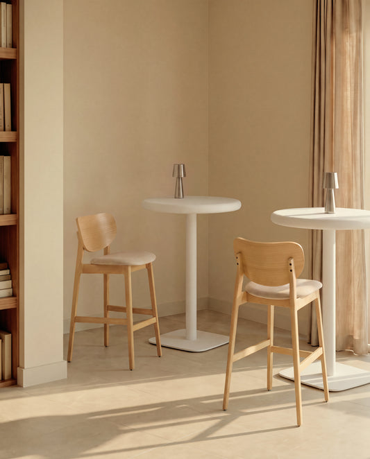 Ludara stool in oak veneer and beige chenille 65cm
