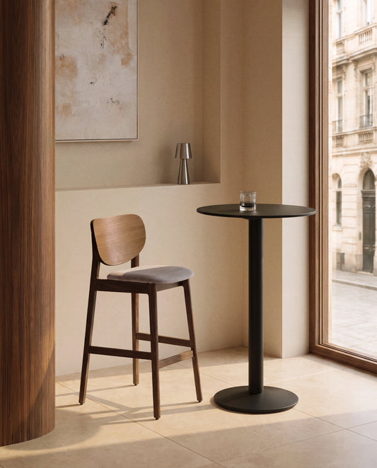 Ludara stool in oak veneer with walnut finish and brown chenille 65cm