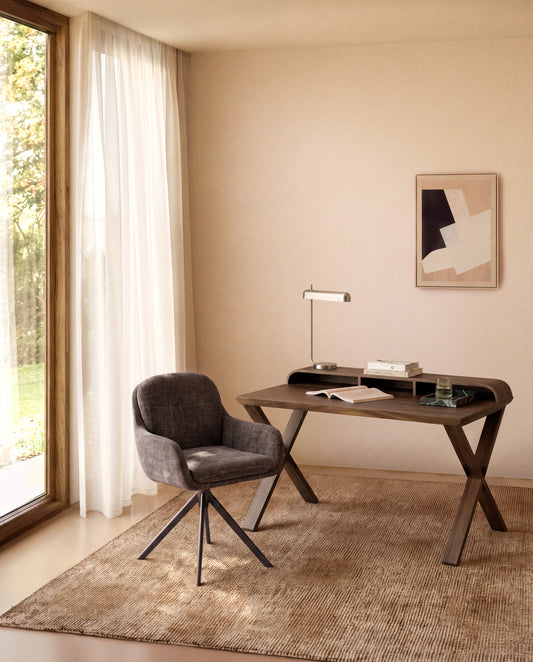 Chaise pivotante Lexa en tissu chenille marron et pieds en acier finition marron
