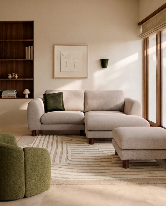 Vera beige 3-seater sofa with right-hand chaise longue with walnut-finish solid ash wood legs 232 cm FSC Mix Credit
