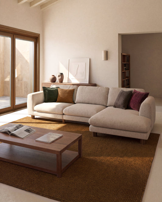 Vera beige 4-seater sofa with left-hand chaise longue with walnut-finish solid ash wood legs 322 cm FSC Mix Credit