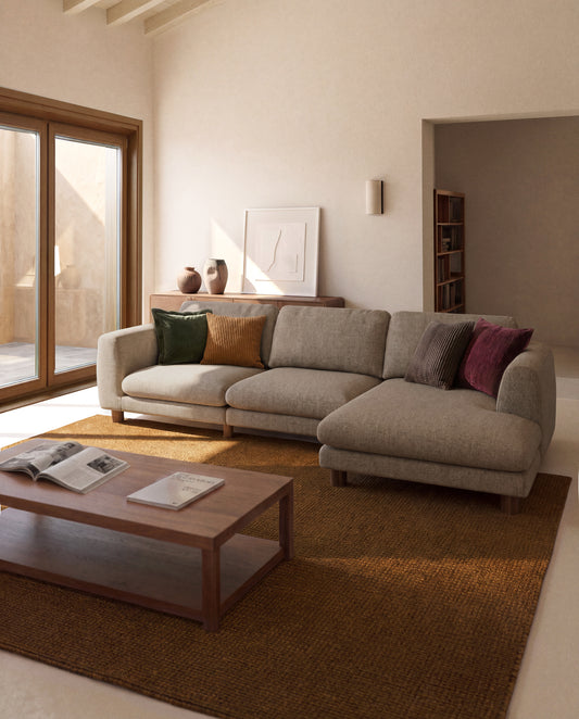 Vera light brown 4-seater sofa with right-hand chaise longue with walnut-finish solid ash wood legs 322 cm FSC Mix Credit