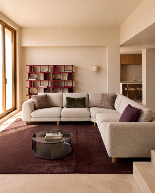 Vera beige 5-seater corner sofa with walnut-finish solid ash wood legs 330 x 330 cm FSC Mix Credit