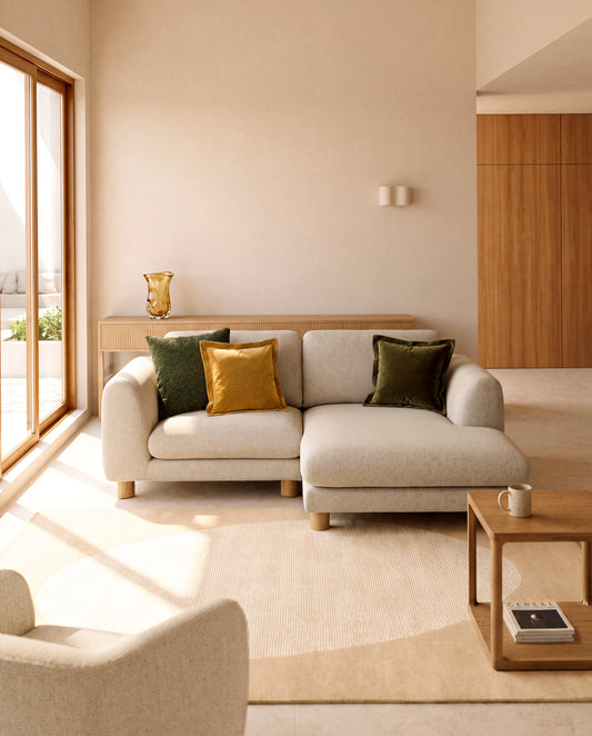 Vera beige 3-seater sofa with left-hand chaise longue with natural-finish solid ash wood legs 232 cm FSC Mix Credit