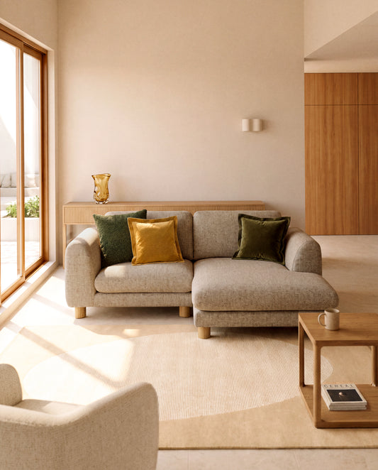 Vera light brown 3-seater sofa with left-hand chaise longue with natural-finish solid ash wood legs 232 cm FSC Mix Credit