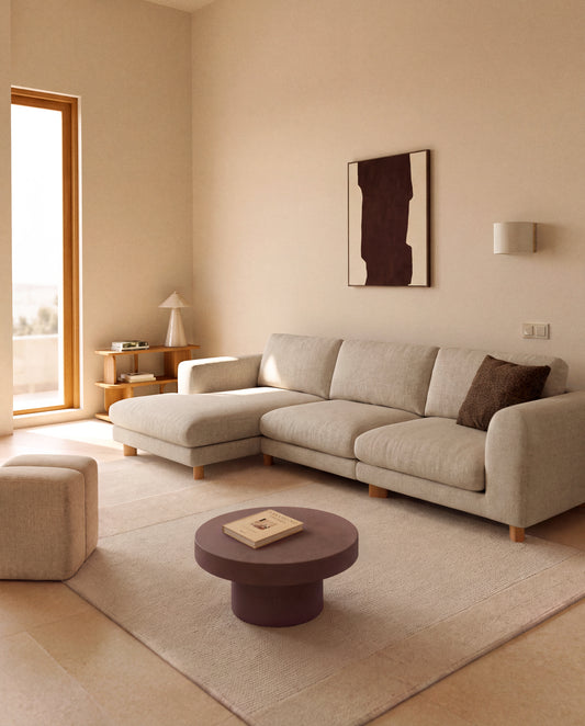 Vera beige 4-seater sofa with right-hand chaise longue with natural-finish solid ash wood legs 322 cm FSC Mix Credit