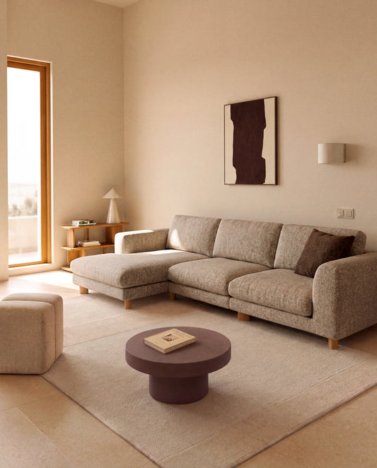 Vera light brown 4-seater sofa with right-hand chaise longue with natural-finish solid ash wood legs 322 cm FSC Mix Credit