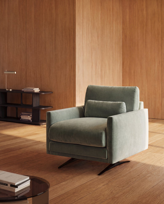 Fauteuil Veliro en velours vert et pieds en acier avec finition noire FSC Mix Credit