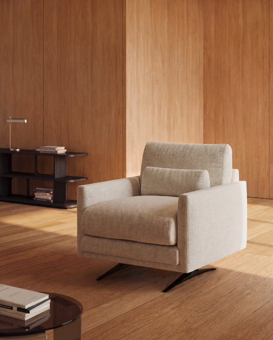 Fauteuil Veliro en chenille beige et pieds en acier avec finition noire FSC Mix Credit