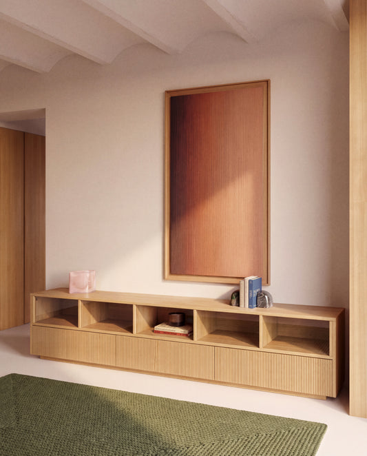 Meuble TV Helvine 5 portes et 3 tiroirs en placage de chêne et verre trempé 242 x 53,5 cm FSC 100 %