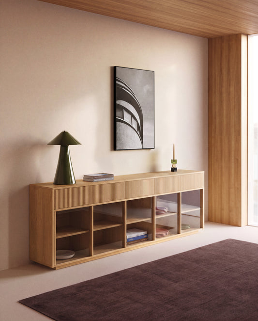 Buffet Helvine 5 portes et 5 tiroirs en placage de chêne et verre trempé 242 x 80 cm FSC 100 %