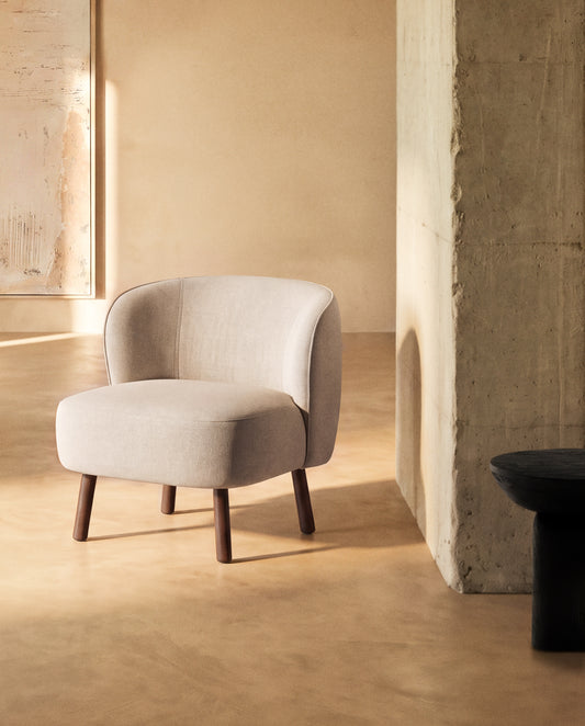 Ulit armchair in beige chenille with solid ash wood legs with walnut finish
