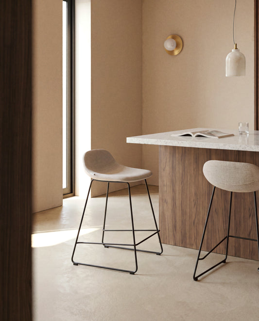 Zahara stool in beige chenille with steel legs with black finish 76cm FSC 100%