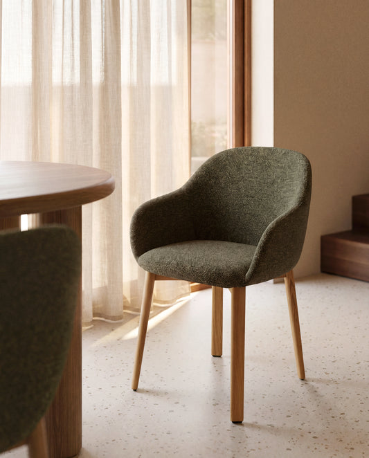 Meila chair with armrests in green chenille with legs in solid ash wood with natural finish 