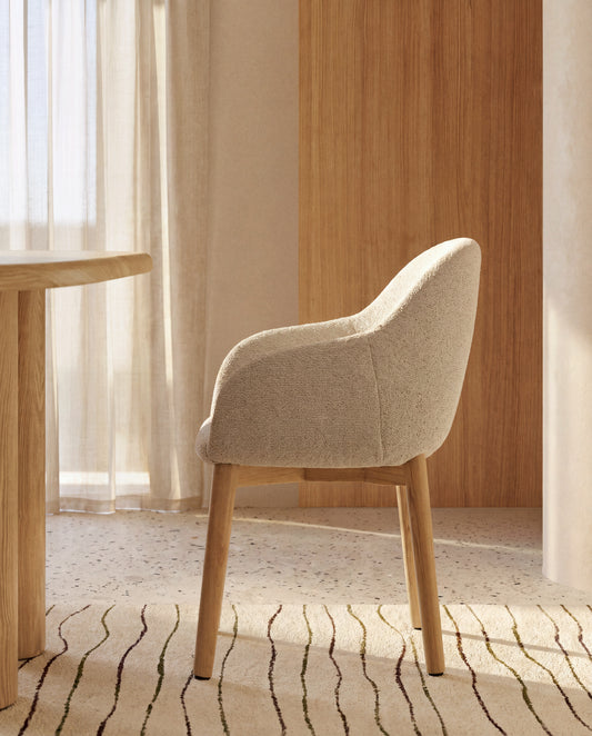 Meila chair with armrests in beige chenille with legs in solid ash wood with natural finish 