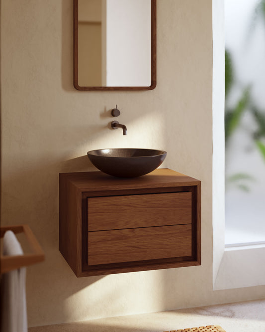 Meuble de salle de bain Kentaen bois de teck finition noyer 60 x 45 cm