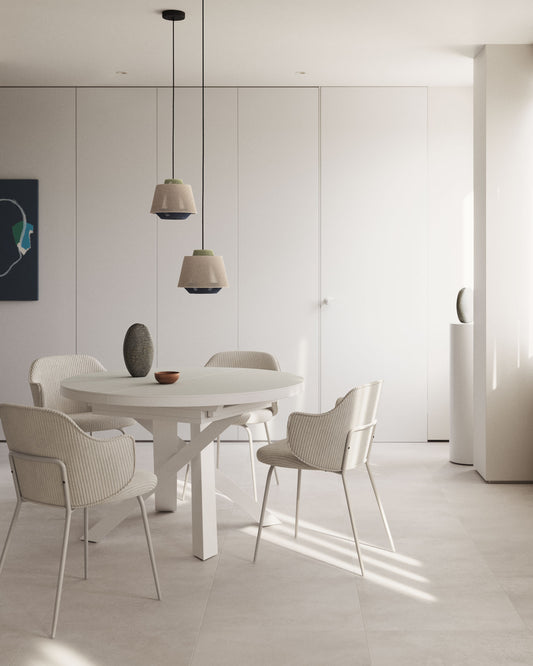 Table extensible ronde Vashti en verre MDF pieds en acier finition blanche Ø120(160)x120cm