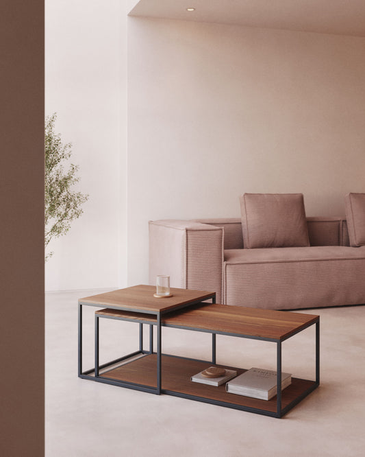 Ensemble de 2 tables basses gigognes Yoana en placage de noyer et structure en métal noir