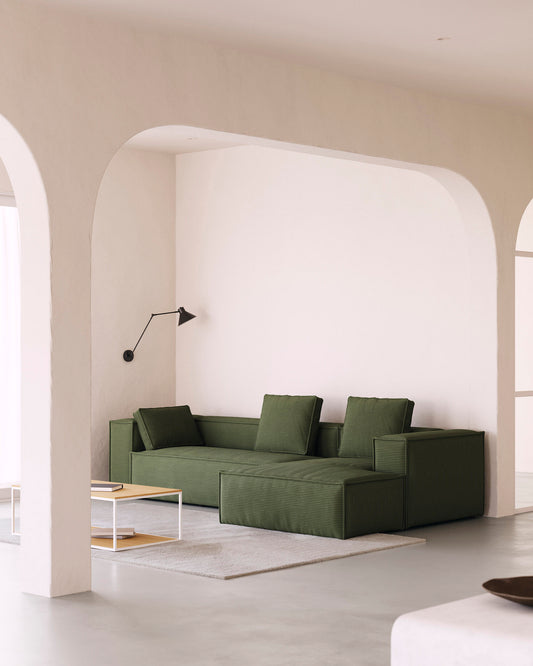 Canapé Blok 3 places en velours côtelé épais avec méridienne droite vert 300 cm – Certifié FSC Mix Credit