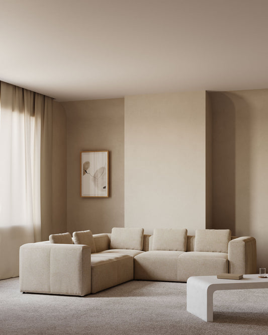 Canapé d’angle Blok 4 places en chenille beige 290 x 290 cm – Certifié FSC Mix Credit