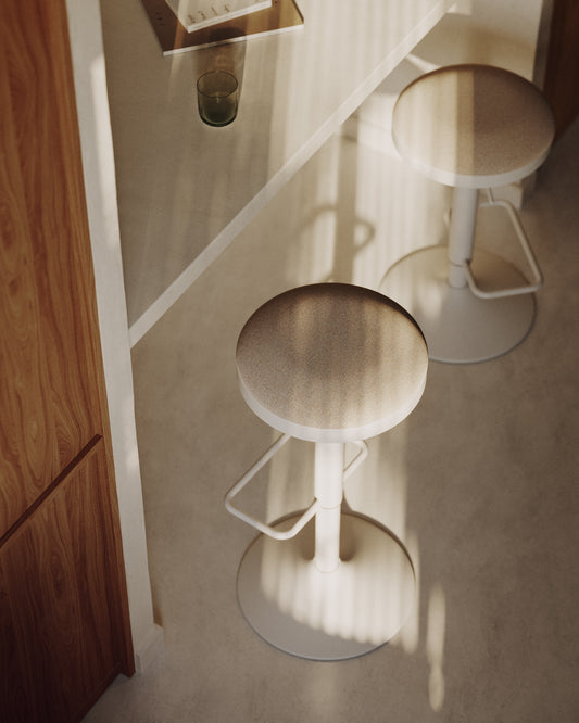 Tabouret Zaib en chenille beige et acier blanc mat hauteur 63-84 cm FSC 100%