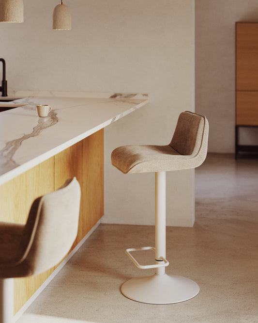 Zenda stool in beige chenille and matt white steel 81-102 cm FSC 100%