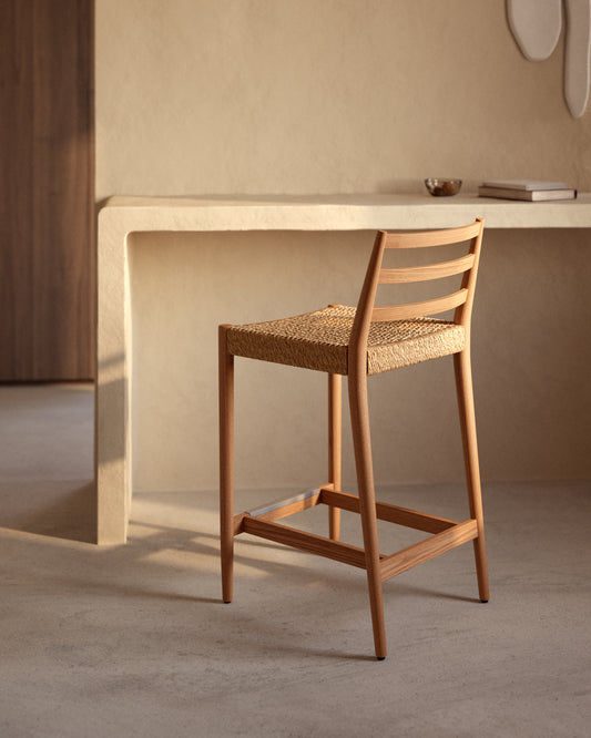 Tabouret Analy dossier en bois de chêne finition naturelle et assise en corde 70 cm FSC 100 %