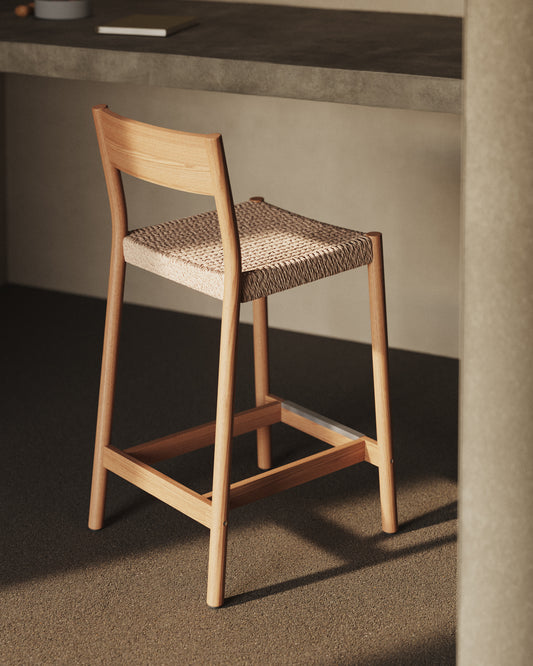 Tabouret Yalia dossier en bois de chêne finition naturelle et assise en corde 65 cm FSC 100 %