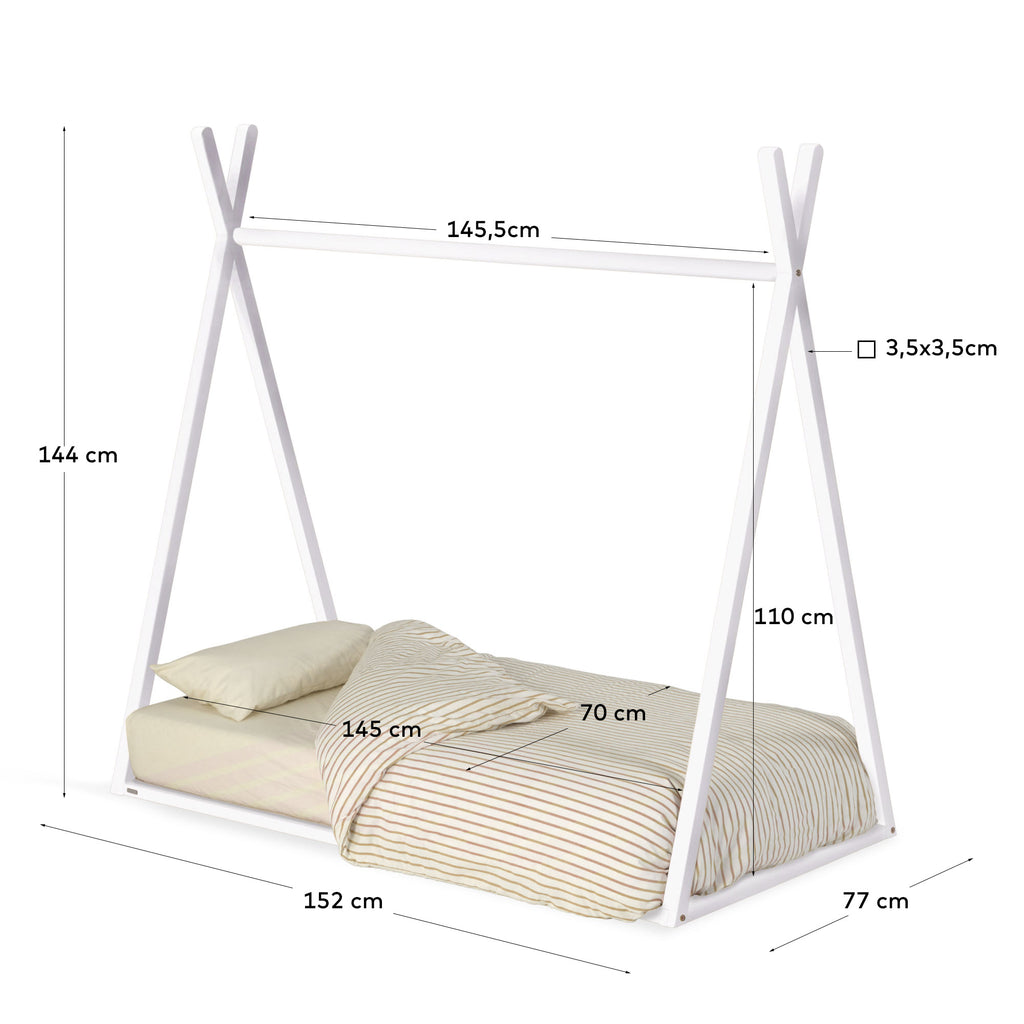 Lit tipi Maralis en bois de hêtre avec finition blanche pour matelas de 70 x 140 cm