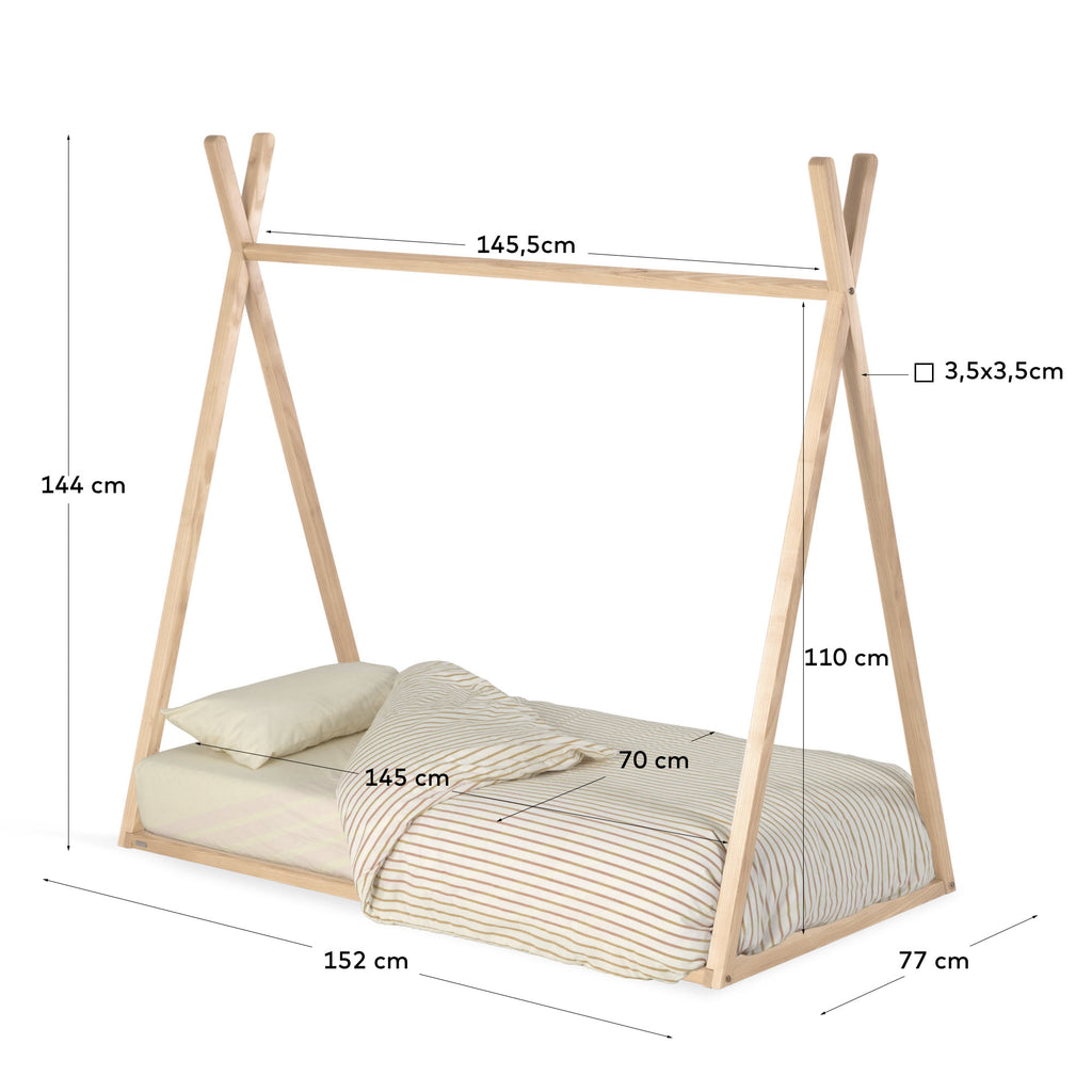 Lit tipi Maralis en bois de hêtre avec finition naturelle pour matelas de 70 x 140 cm