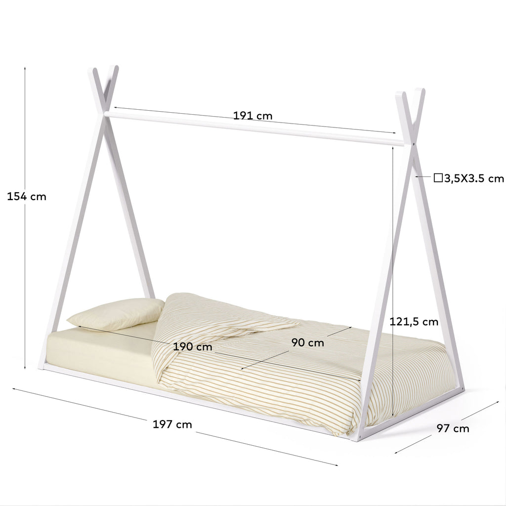 Lit tipi Maralis en bois de hêtre avec finition blanche pour matelas de 90 x 190 cm