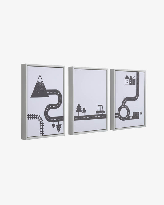 Lot de 3 tableaux Nisi en bois blanc avec voitures noires