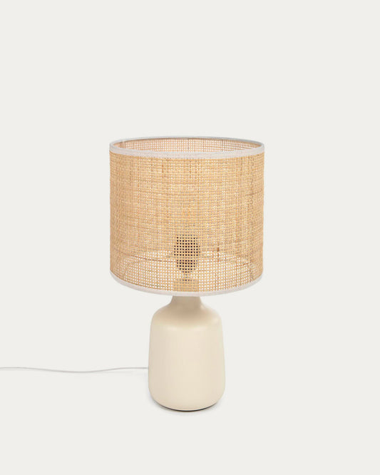 Lampe de table Erna en céramique blanche et bambou finition naturelle