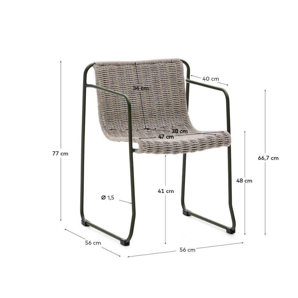 Chaise Maurina en acier galvanisé vert et corde écrue et grise