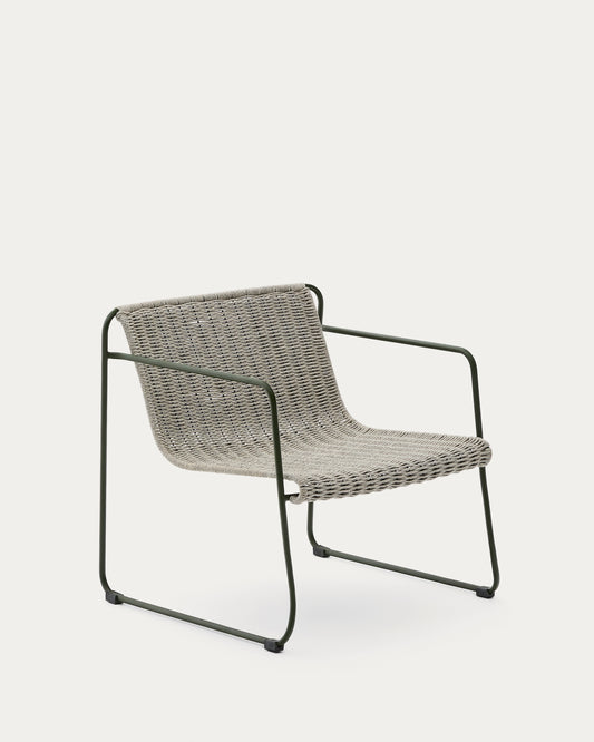 Fauteuil empilable Maurina en acier galvanisé vert et corde écrue et grise
