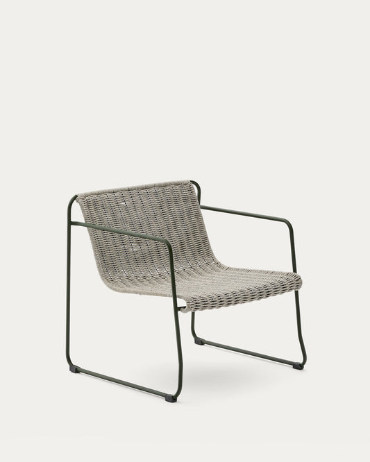 Fauteuil empilable Maurina en acier galvanisé vert et corde écrue et grise