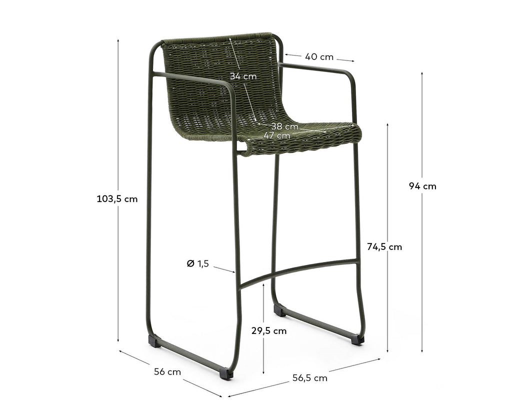 Tabouret empilable Maurina en acier galvanisé vert avec corde verte 74,5 cm