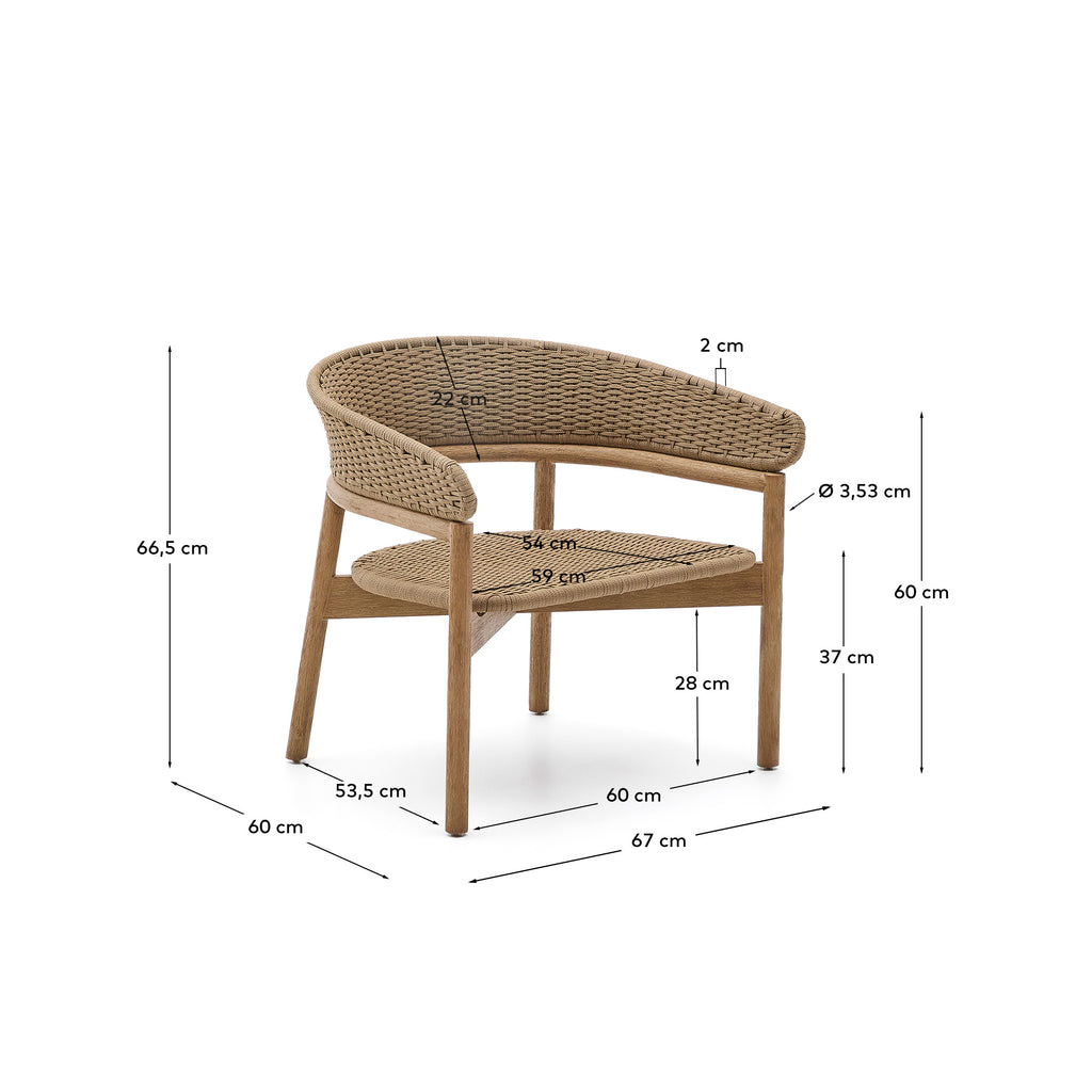 Fauteuil Arinella en bois d’acacia avec finition ton naturel et corde beige FSC 100 %