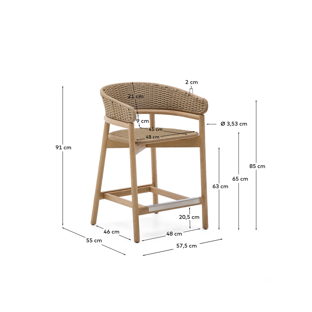 Arinella stool in FSC 100% solid acacia wood with natural finish and beige rope cord 65cm