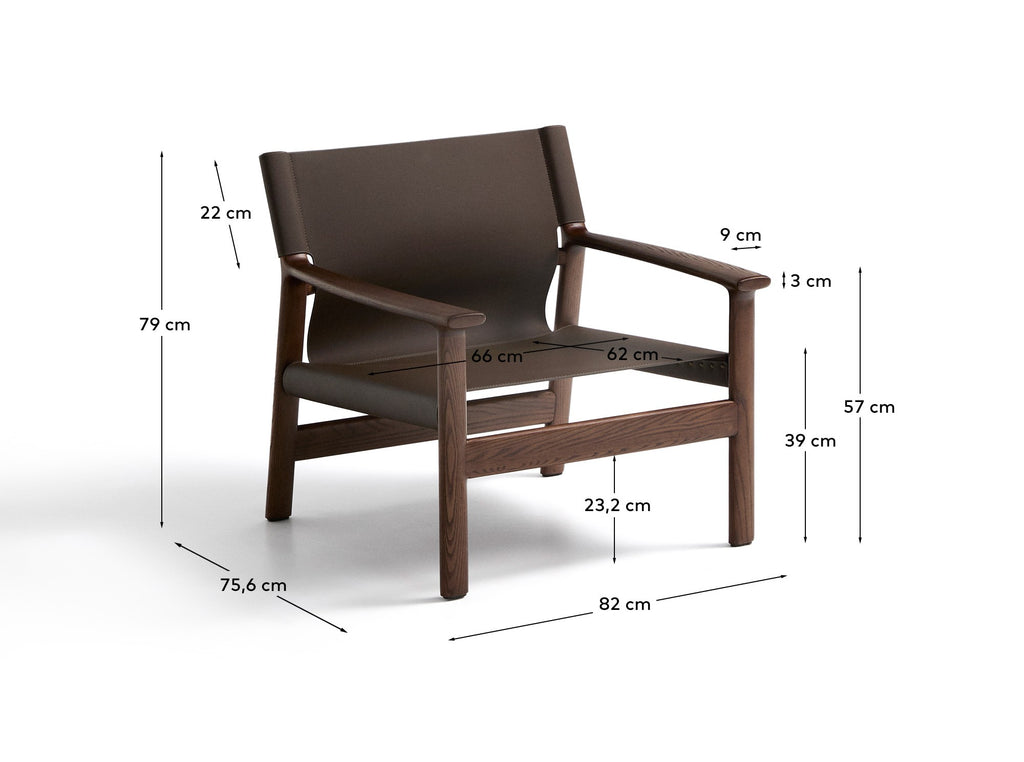 Fauteuil Jan en fibres de cuir recyclé marron foncé et bois de frêne avec finition ton noyer FSC 100 %