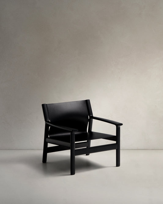 Fauteuil Jan en fibres de cuir recyclé noir et bois de frêne avec finition noire FSC 100 %