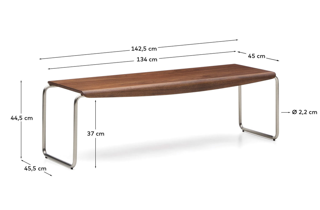 Banc Tarsel en placage de noyer avec structure en acier inoxydable brossé 142 cm