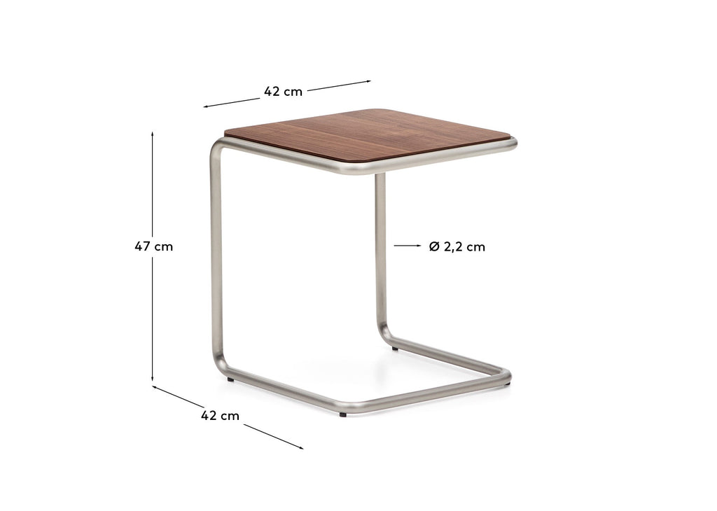 Table auxiliaire Tarsel en placage de noyer avec structure en acier inoxydable brossé 42 x 47 cm