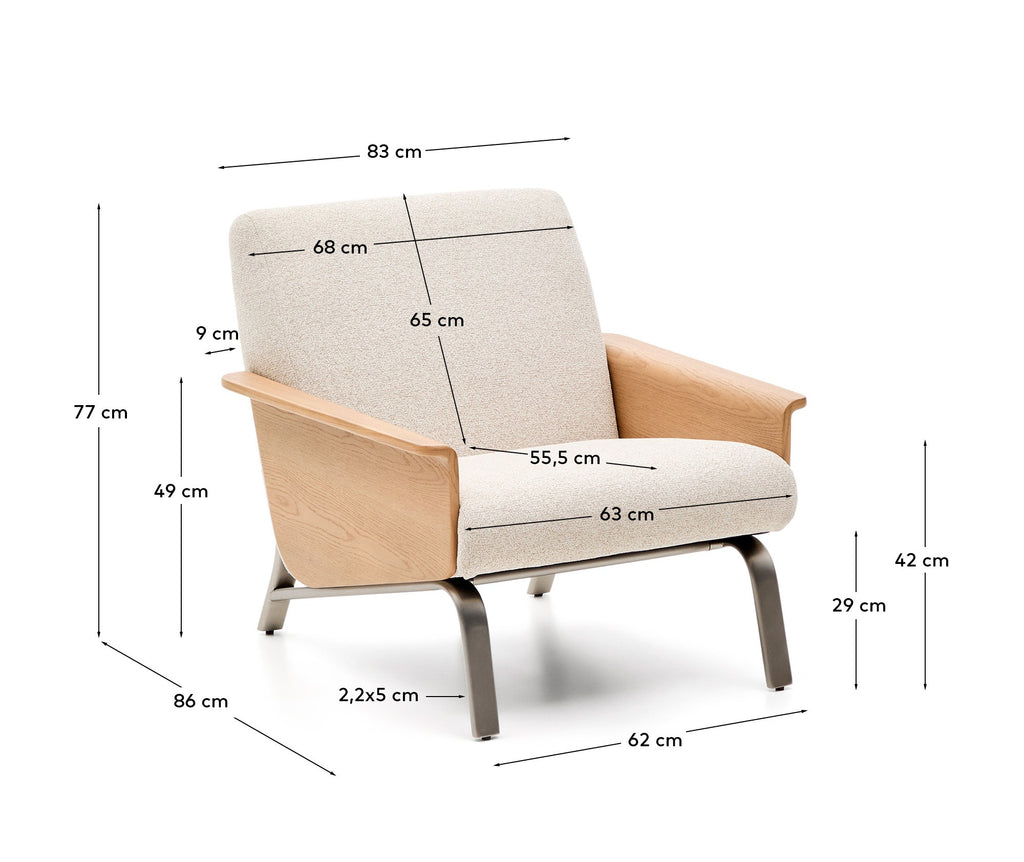 Fauteuil Amsen beige en contreplaqué de chêne avec pieds en acier inoxydable brossé