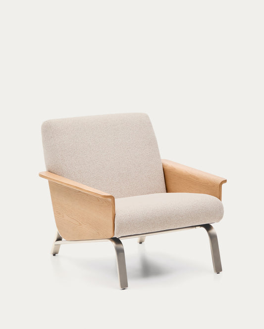 Fauteuil Amsen beige en contreplaqué de chêne avec pieds en acier inoxydable brossé